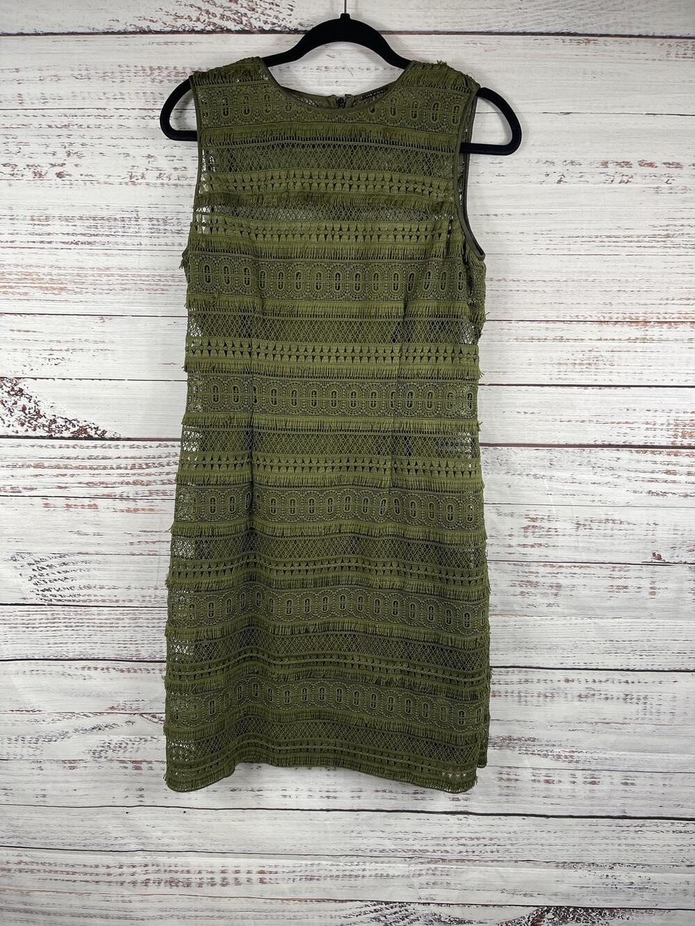 Elie Tahari Dress Womens 8 Green Lace Fringe Sheath Sleeveless Knee Length Party